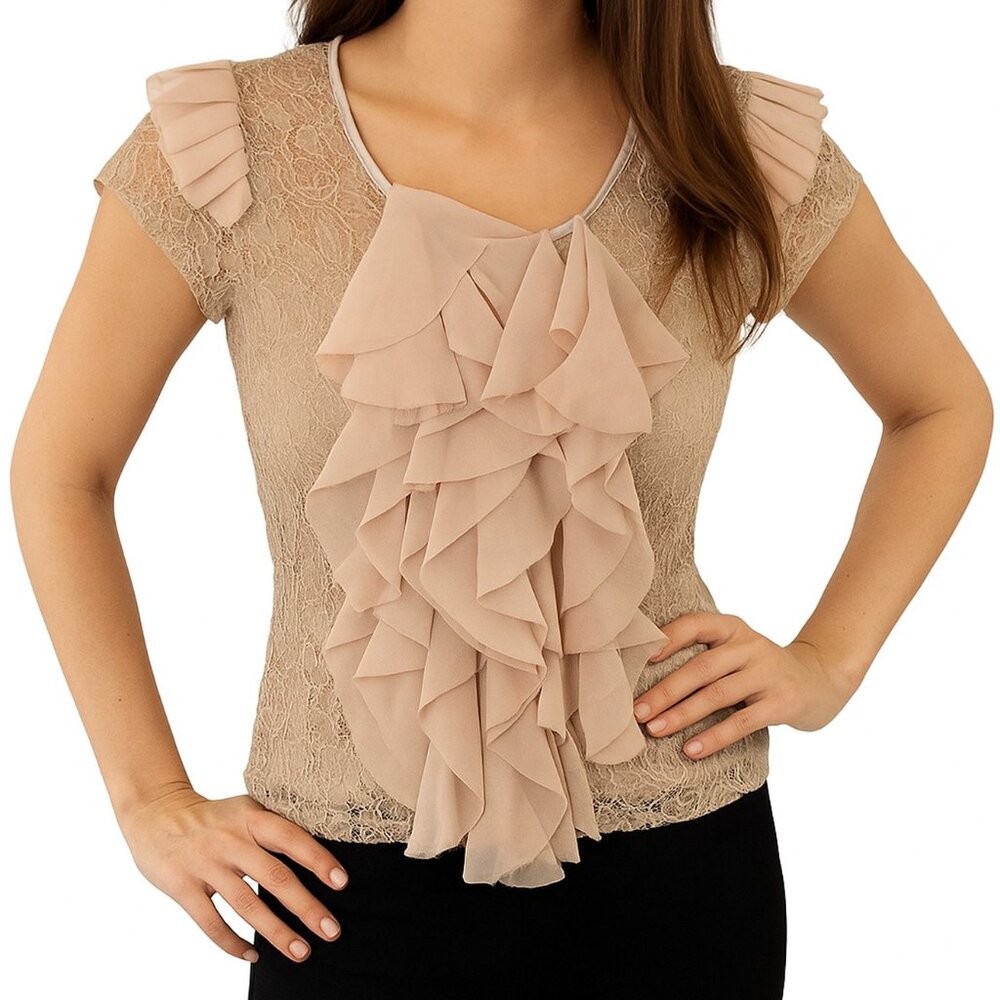 Vintage Y2K Lace Ruffle Sheer Top Coquette Fairycore Blouse Beige Sheer Sz XS